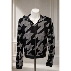 AQ Sport Girls Size L Black Gray Houndstooth Full Zip Hooded Jacket